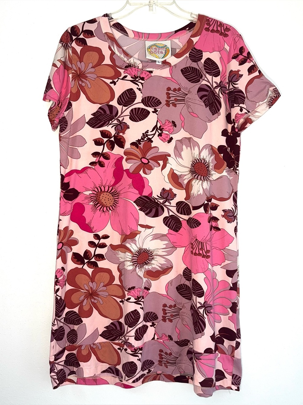 Haley Solar Women’s Floral Mini T-Shirt Dress Shirt Sleeve EUC Pink Purple LGE